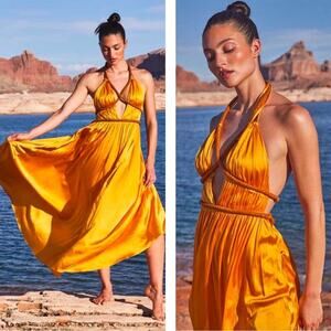 Cult Gaia Salee Cutout Beaded Strappy Silk Maxi Gown in Marigold Size 6